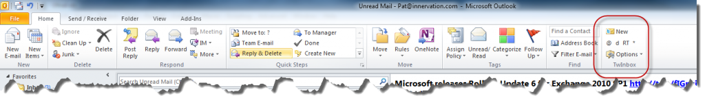 Outlook toolbar with TwInbox options (click for larger version)