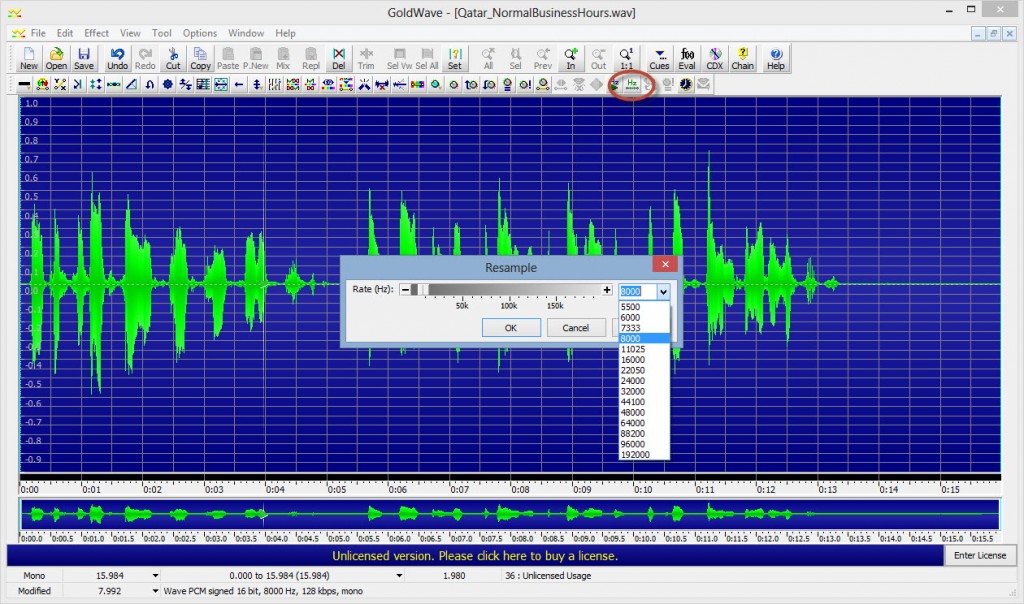 Setting the resample rate to 8000